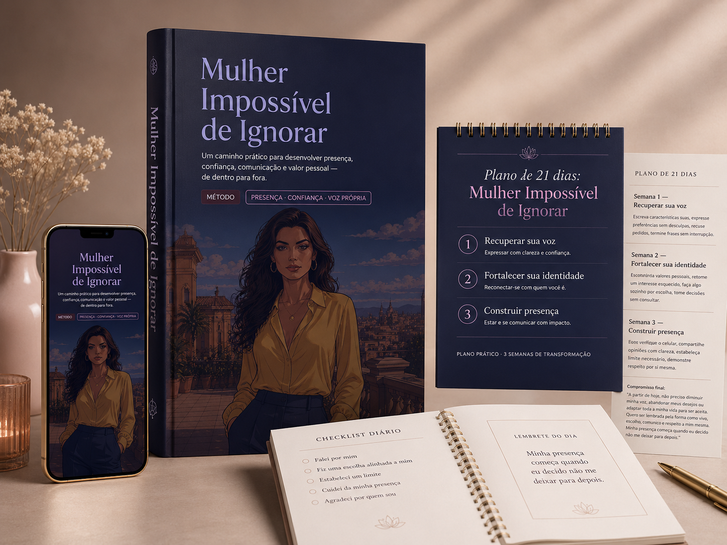 Mockup do produto Mulher Impossível de Ignorar — ebook, plano de 21 dias e checklist diário